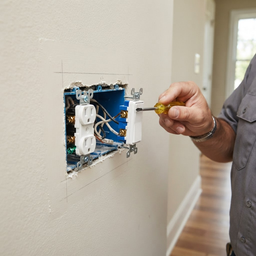 Instalação de tomada e interruptor em parede residencial
