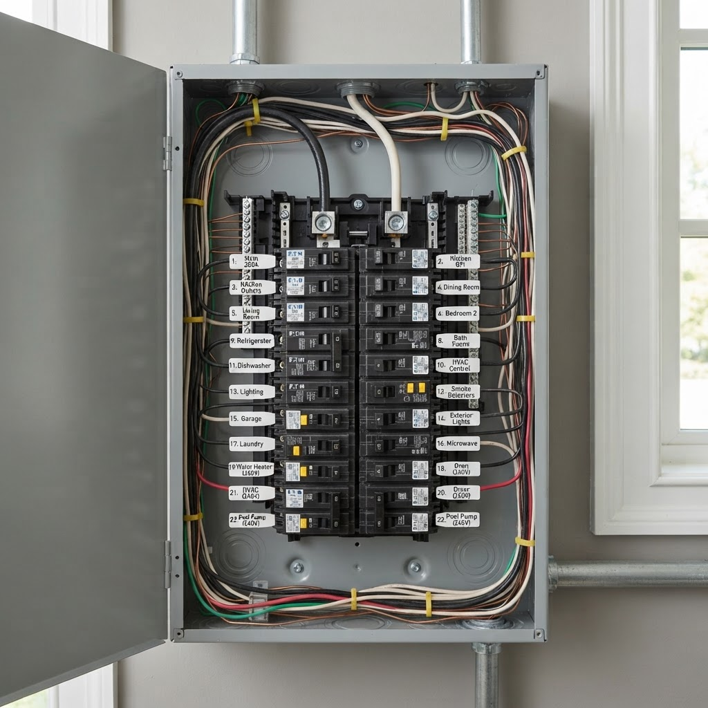 Quadro de distribuição residencial com disjuntores organizados