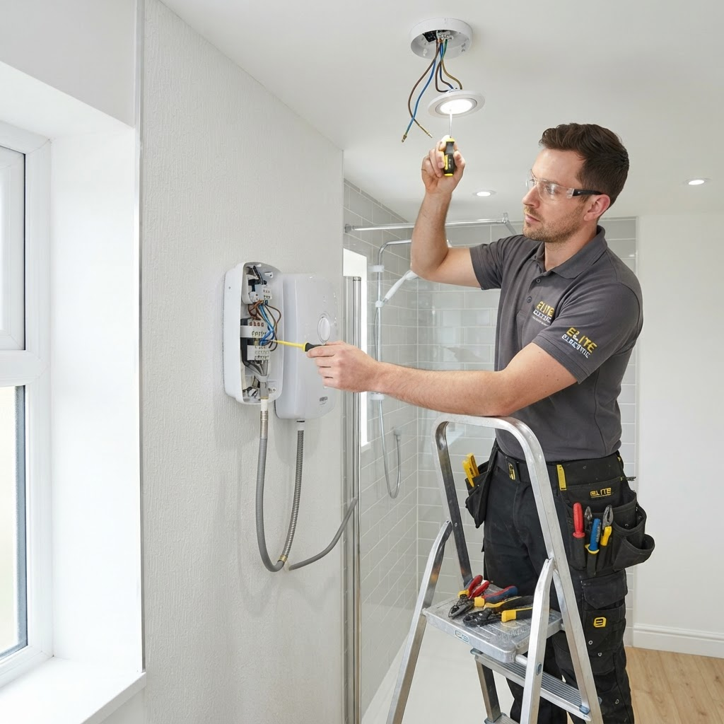 Eletricista instalando luminária e chuveiro em residência